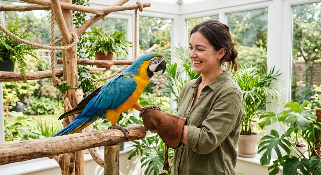 Pet bird perched calmly, building trust with owner