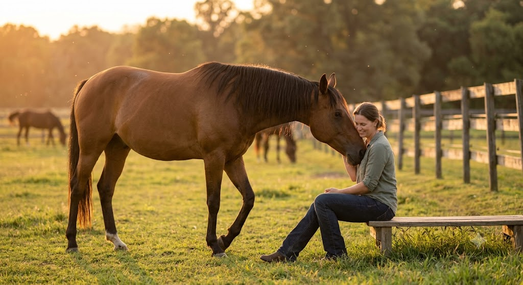 Horse calmly approaching owner, trust-based handling