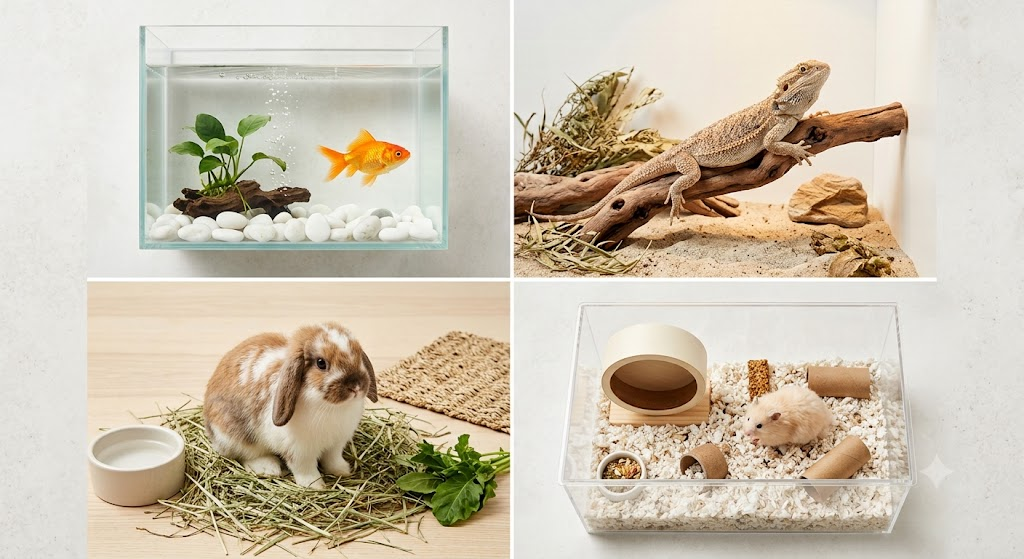 Variety of small pets including fish and reptiles
