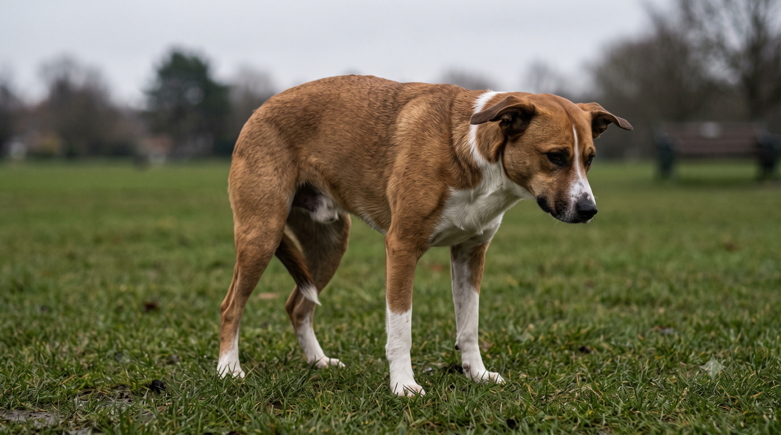 A relaxed dog sitting attentively and looking up at its owner during reward-based training in a park