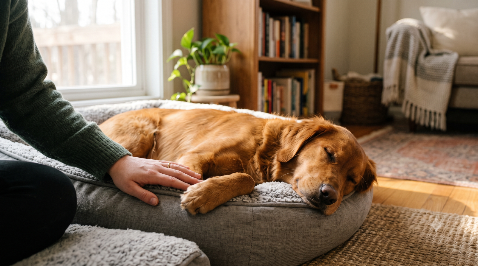 Calm dog resting on a bed being gently comforted by its owner