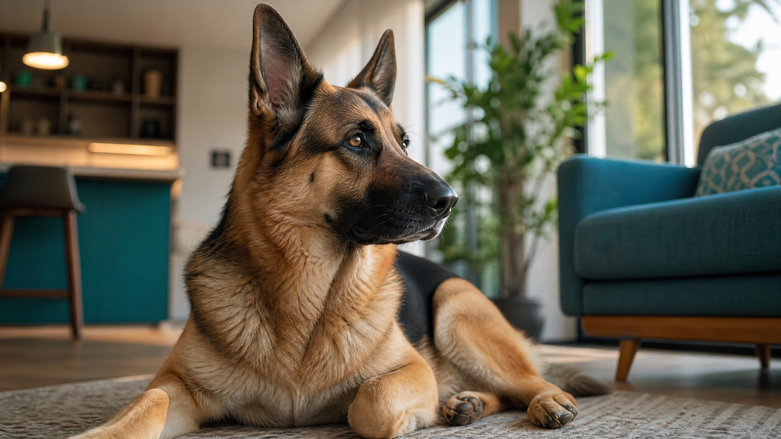 German Shepherd relaxing in a warm modern home