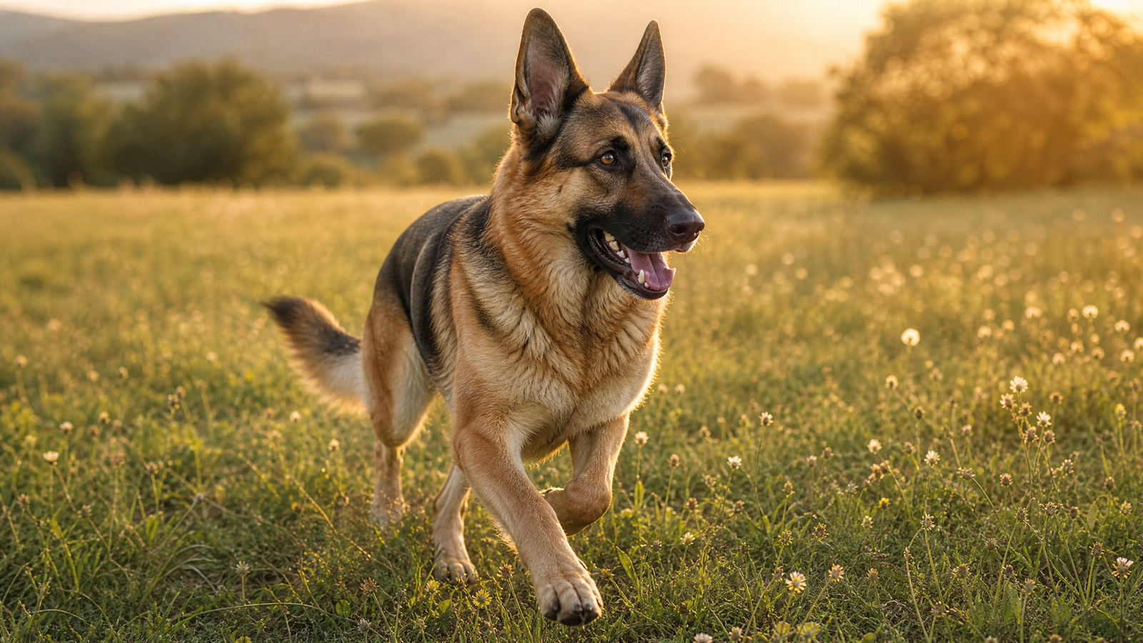 German Shepherd running happily through a sunlit meadow