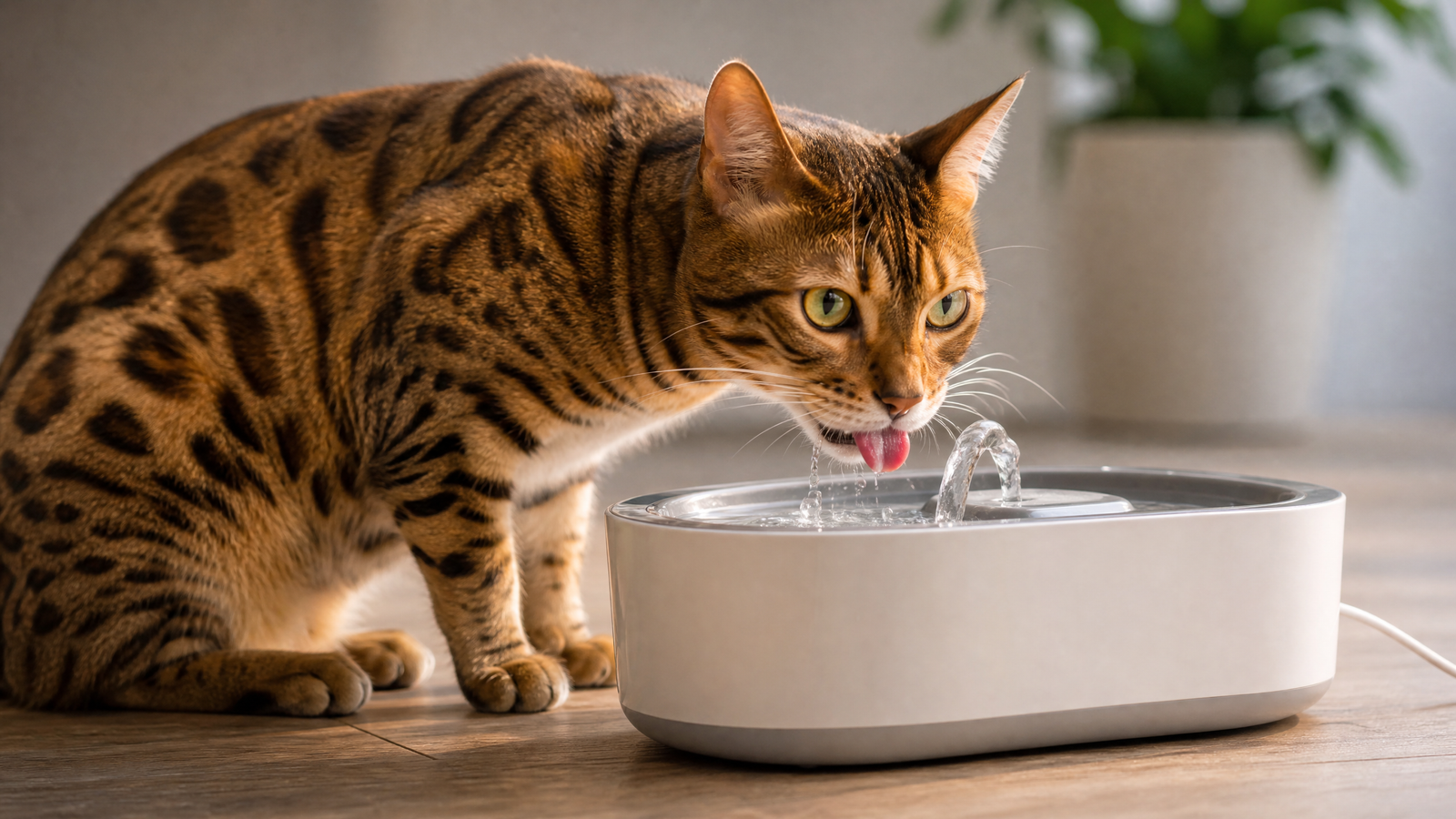 Bengal cat alert in a softly lit home at night