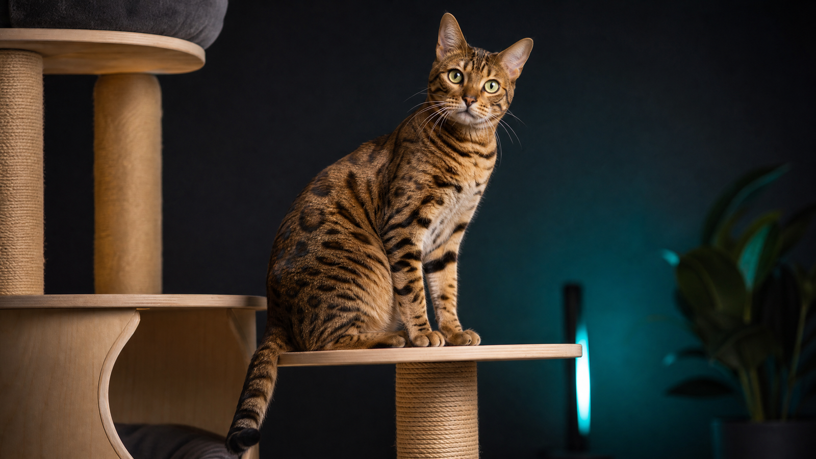 Bengal cat in a calm, enriched indoor environment