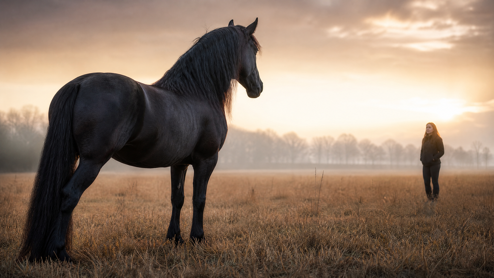 Black horse standing freely in a misty sunrise field