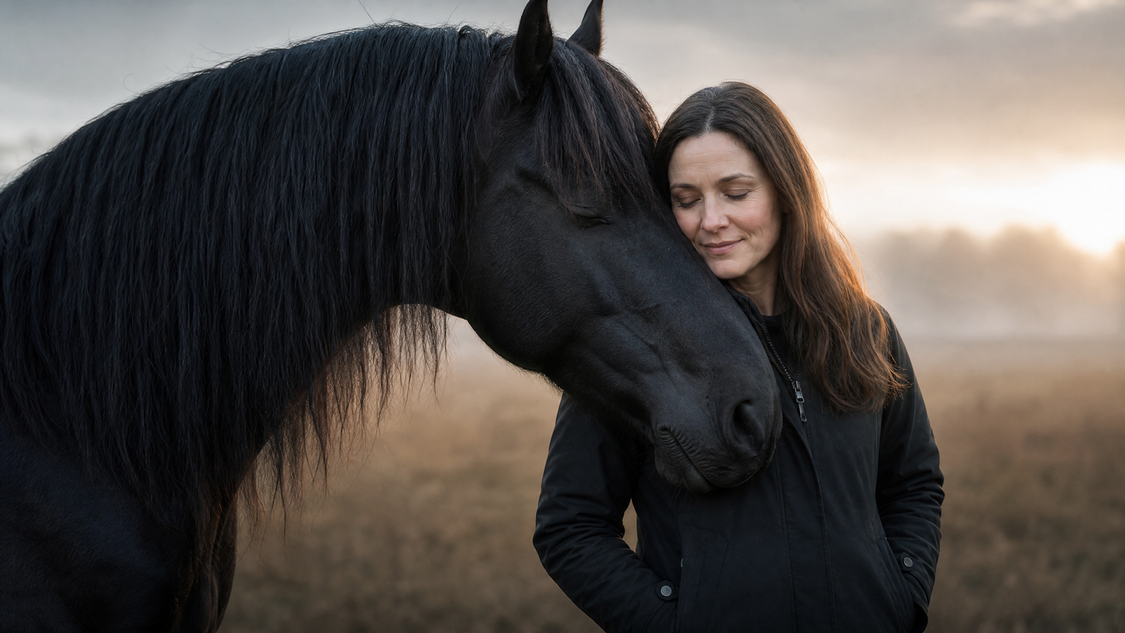 Black horse standing near a person in a calm, trust-based interaction