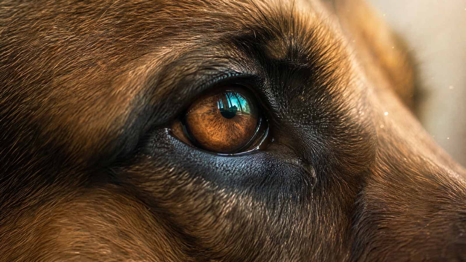 Close view of a dog's amber eye, illustrating careful observation