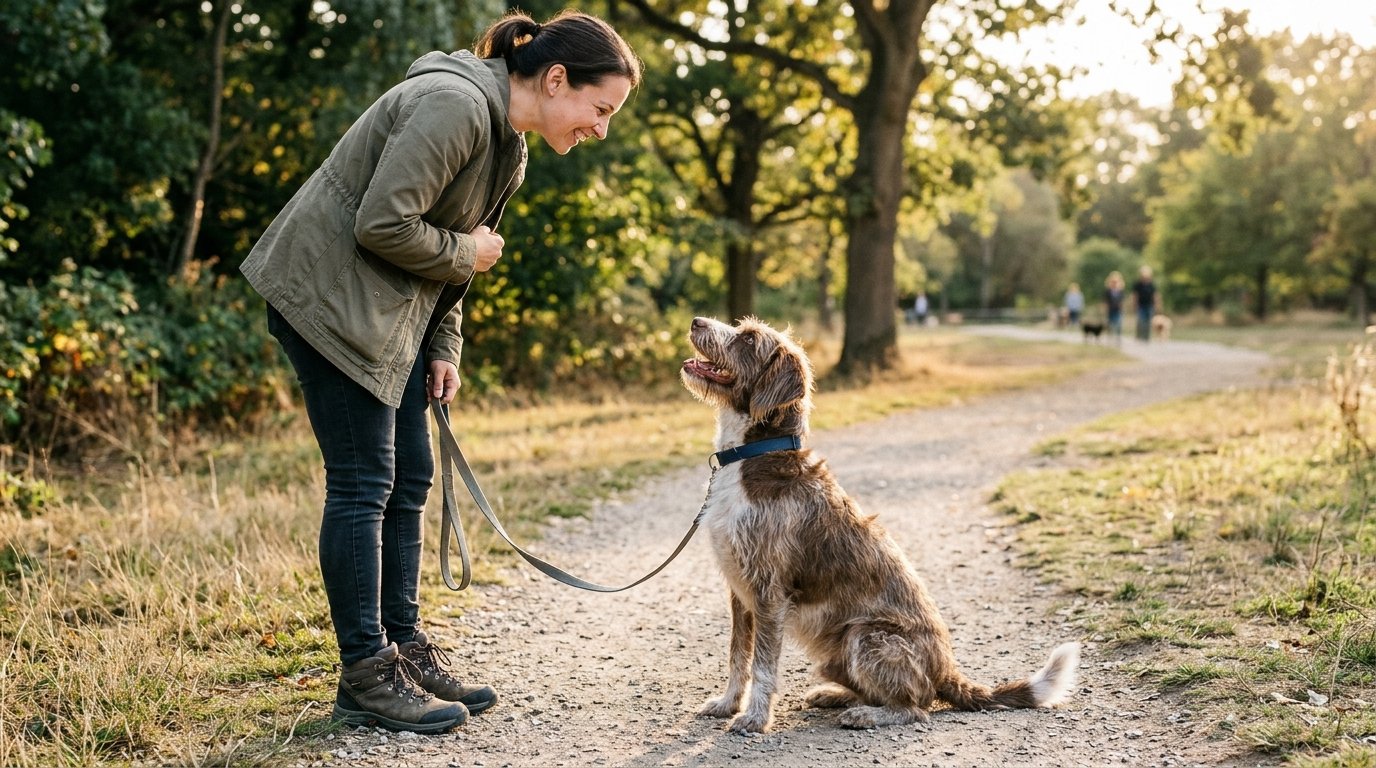 A dog calmly checking in with its owner during an outdoor training session on a loose leash