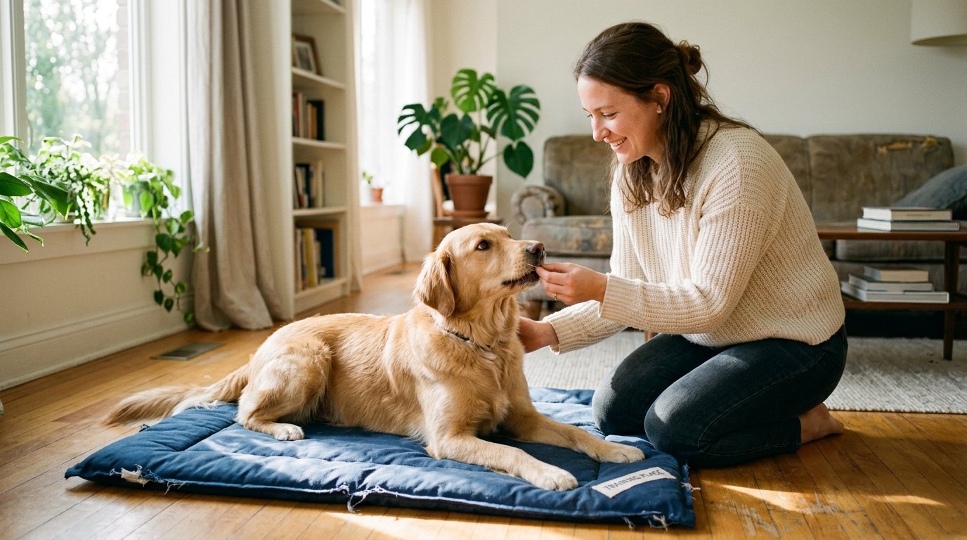 A person rewarding a relaxed dog resting on a mat at home, calm low-pressure training environment